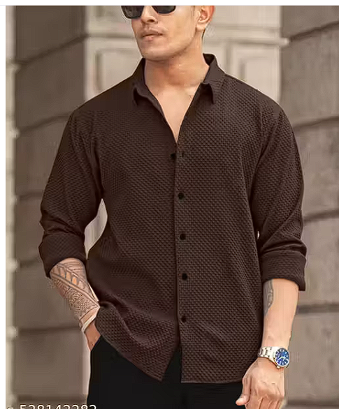 Knitted Fabric Structured Regular Fit Full Sleeves Shirt for Men
