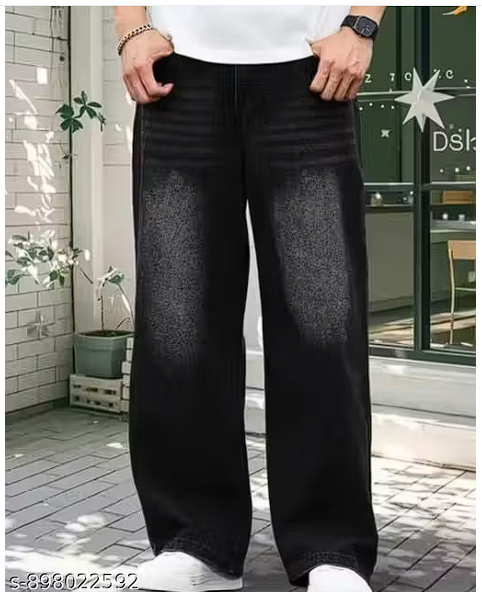 Black Whisker Baggy Jeans for Men | Wide Leg Denim Jeans