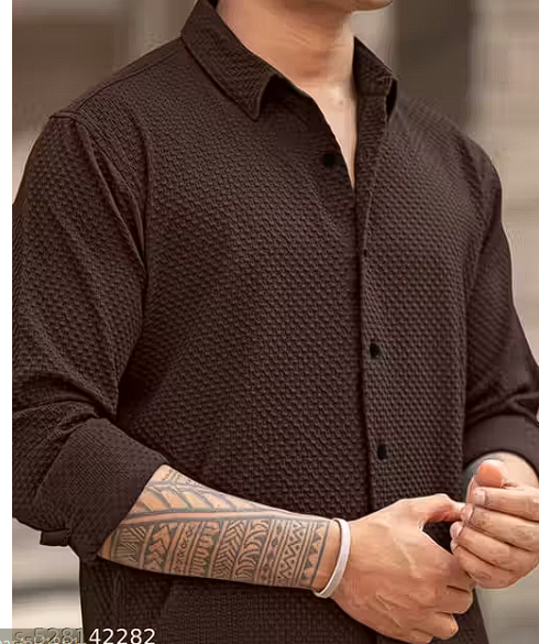 Knitted Fabric Structured Regular Fit Full Sleeves Shirt for Men