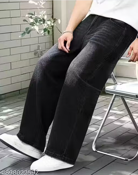 Black Whisker Baggy Jeans for Men | Wide Leg Denim Jeans