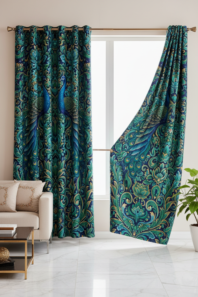 7D Printed Peacock Curtains | Premium Room Darkening | Door & Window | Pack of 1