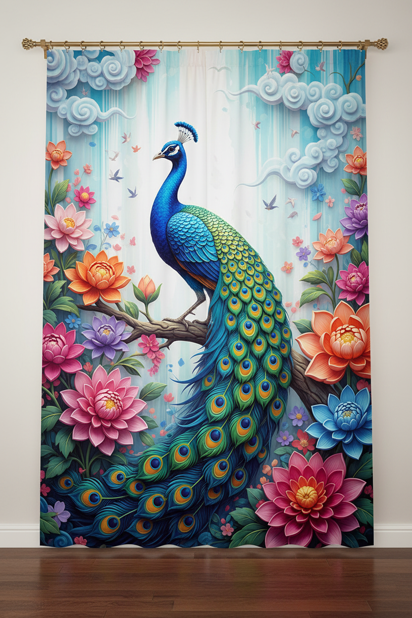 7D Printed Peacock Curtain - AI Enhanced